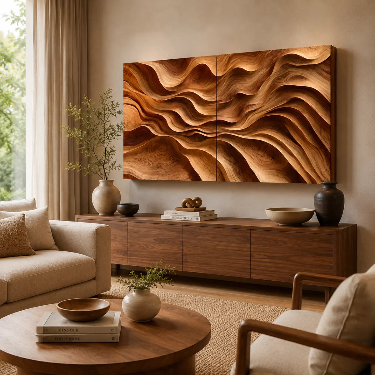 Abstract Wooden Wave Wall Art | Large 2 Panel Hand Carved Wood Sculpture TT006-8376