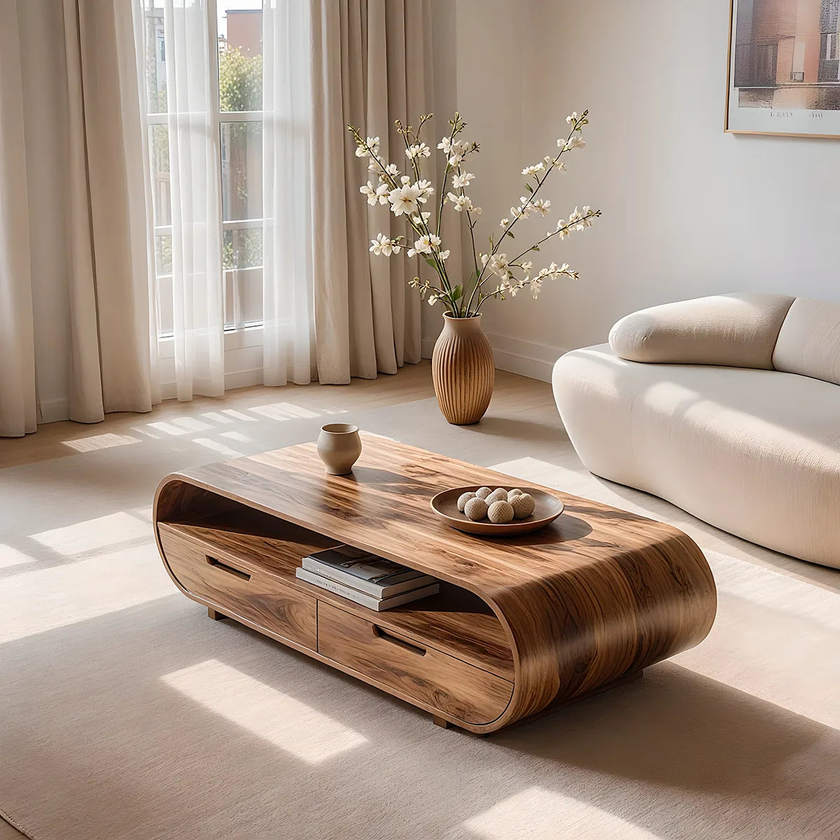 Handcrafted Solid Wood Curved Coffee Table with Drawers and Open Shelf