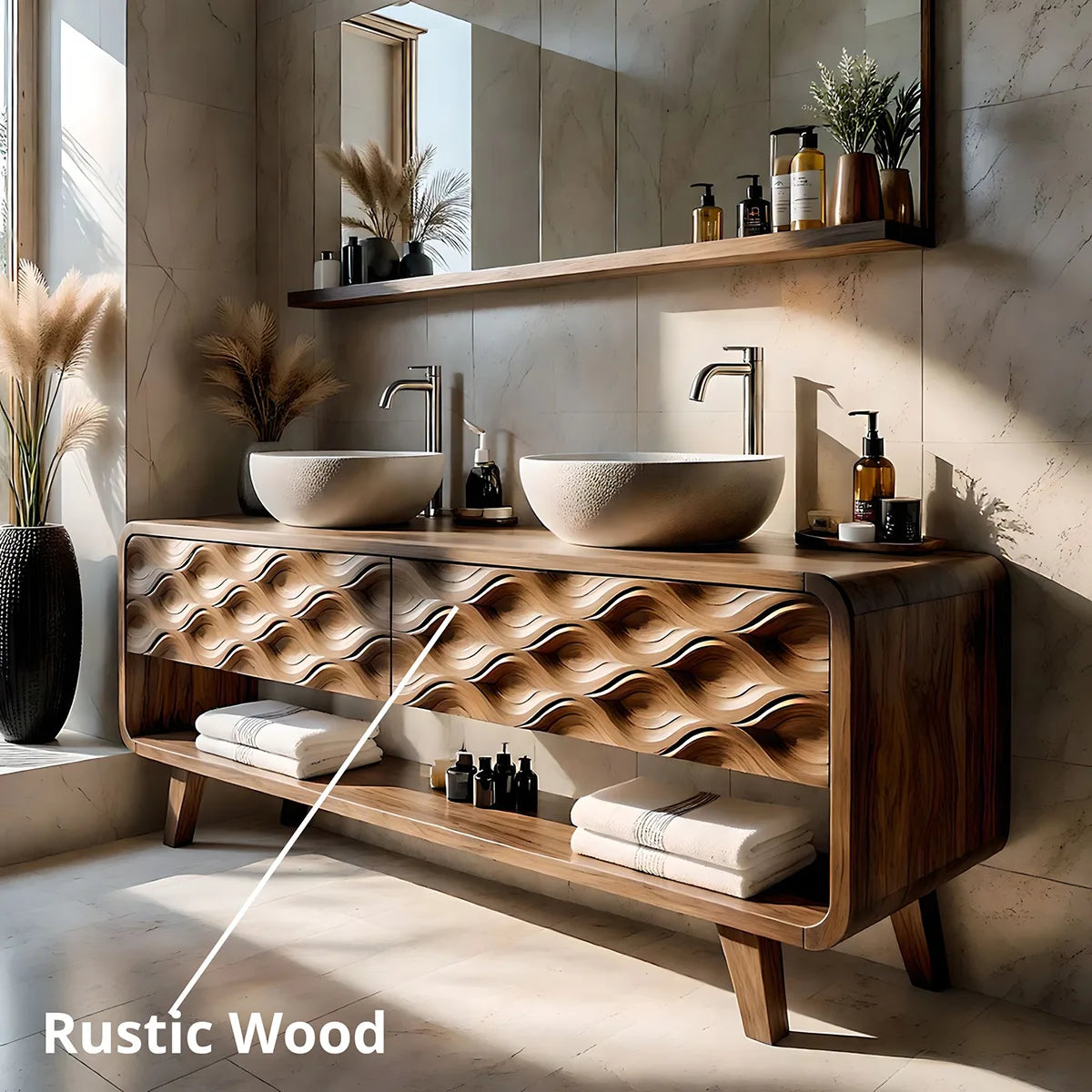 Solid Wood Bathroom Vanity with Carved Wave Front and Open Shelf