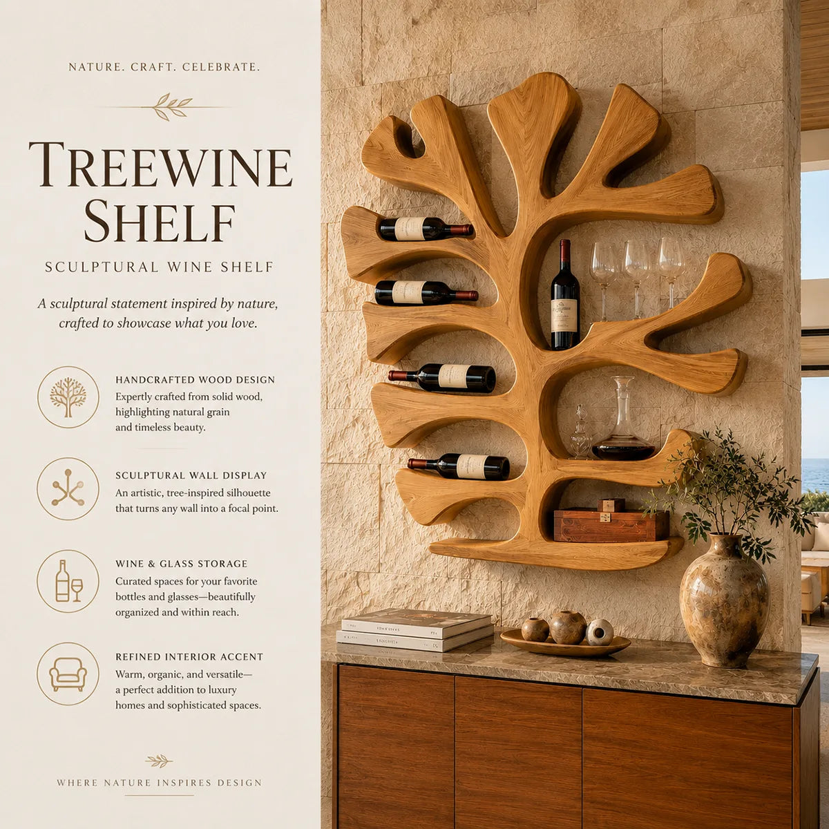 Sculptural Solid Wood Tree Wine Holder for Home Bars, Kitchen & Dining Rooms TT006-9699