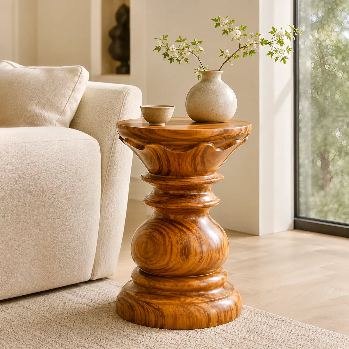Sculptural Crown Pedestal Wood End Table | Round Carved Side Table TT006-9TFS8ZN