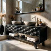 Solid Wood Bathroom Vanity with Carved Wave Front and Open Shelf