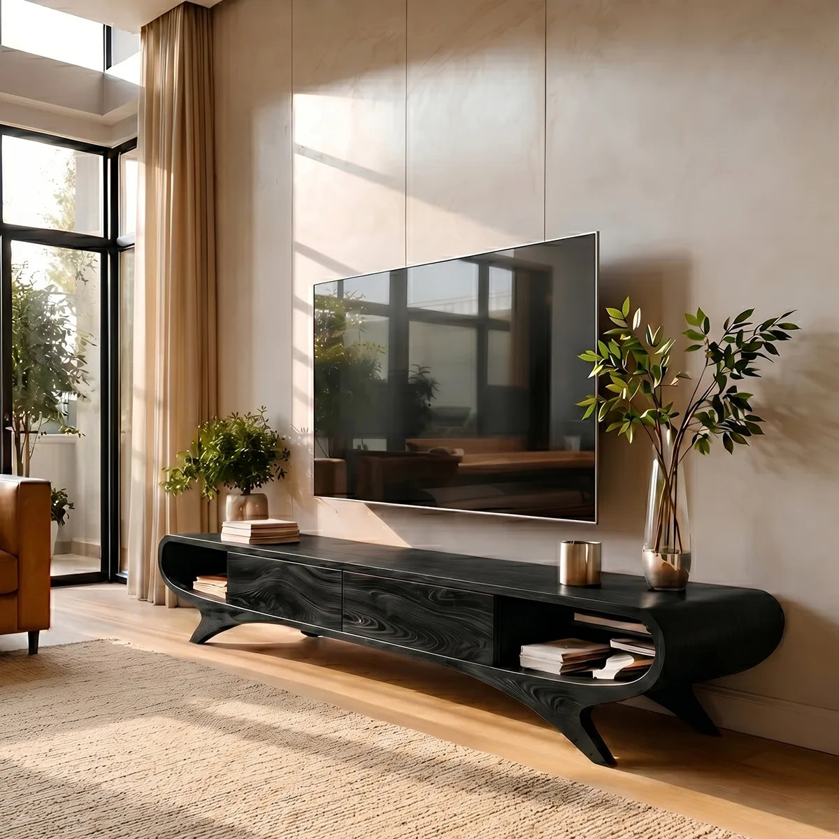 Modern Solid Wood Sculptural Curved TV Stand