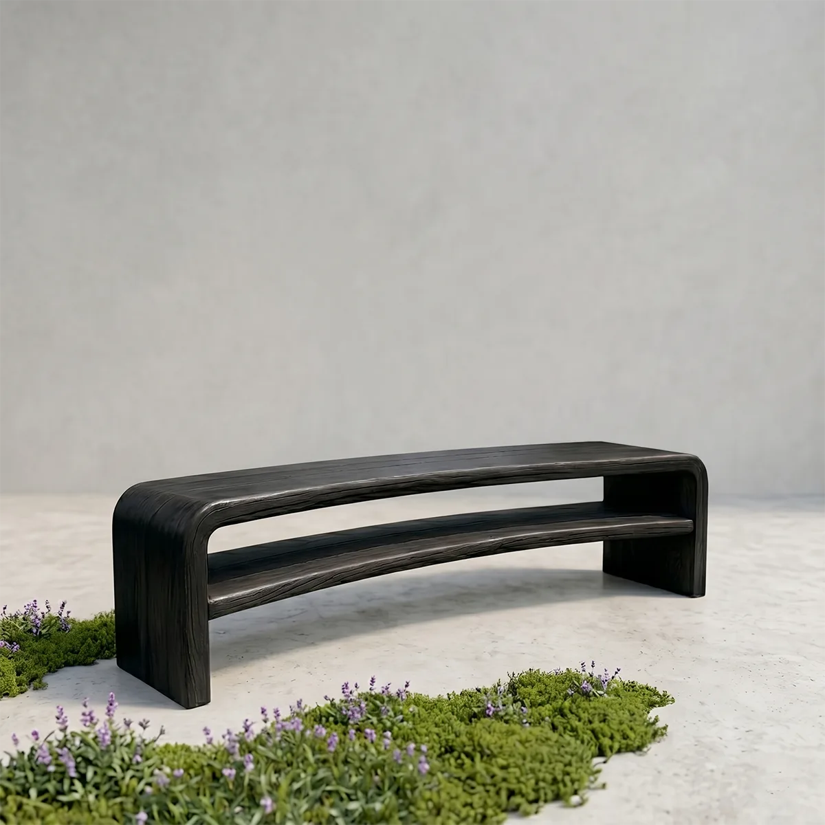 Handcrafted Solid Wood Outdoor Bench Waterfall Curve Open Shelf Garden Bench