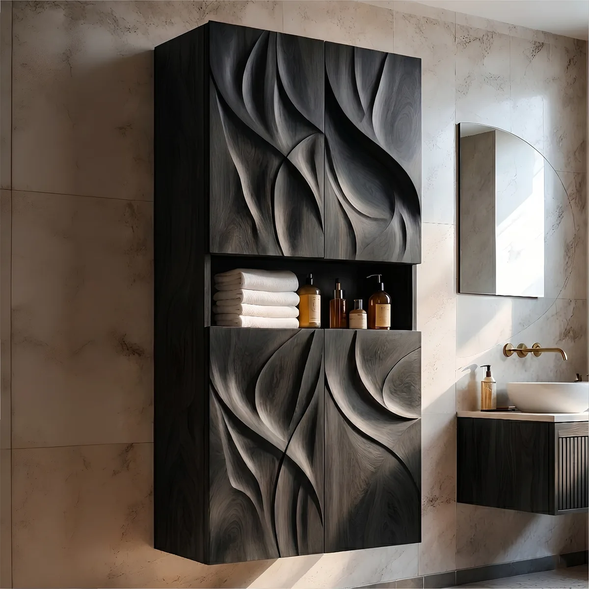 Handcrafted Solid Wood Wall Storage Cabinet Sculpted Bathroom Cabinet
