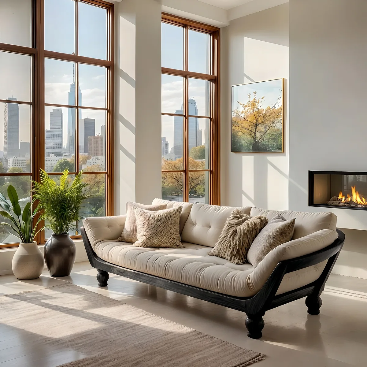 Luxury Organic Modern Wooden Sofa with Deep Tufted Cushion Design