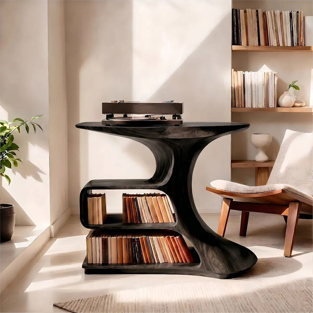 Solid Wood Record Player Stand, Modern Sculptural Vinyl Storage Console Table