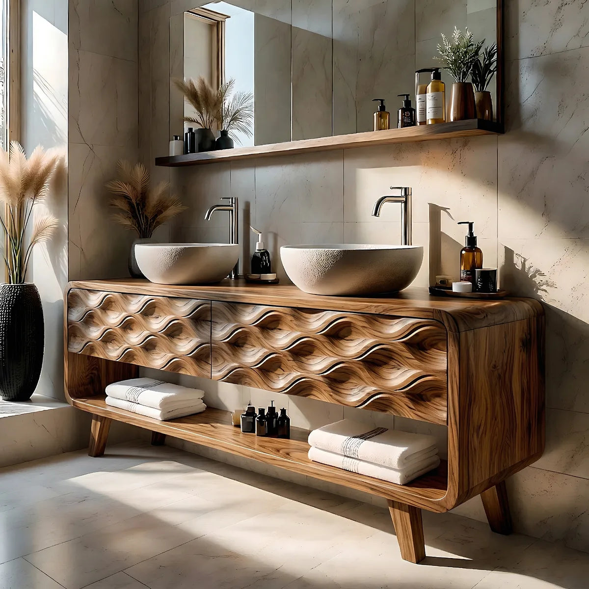 Solid Wood Bathroom Vanity with Carved Wave Front and Open Shelf