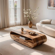Handcrafted Solid Wood Curved Coffee Table with Drawers and Open Shelf