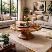 Round Solid Wood Coffee Table – Rustic Modern Pedestal Design TH003-9563
