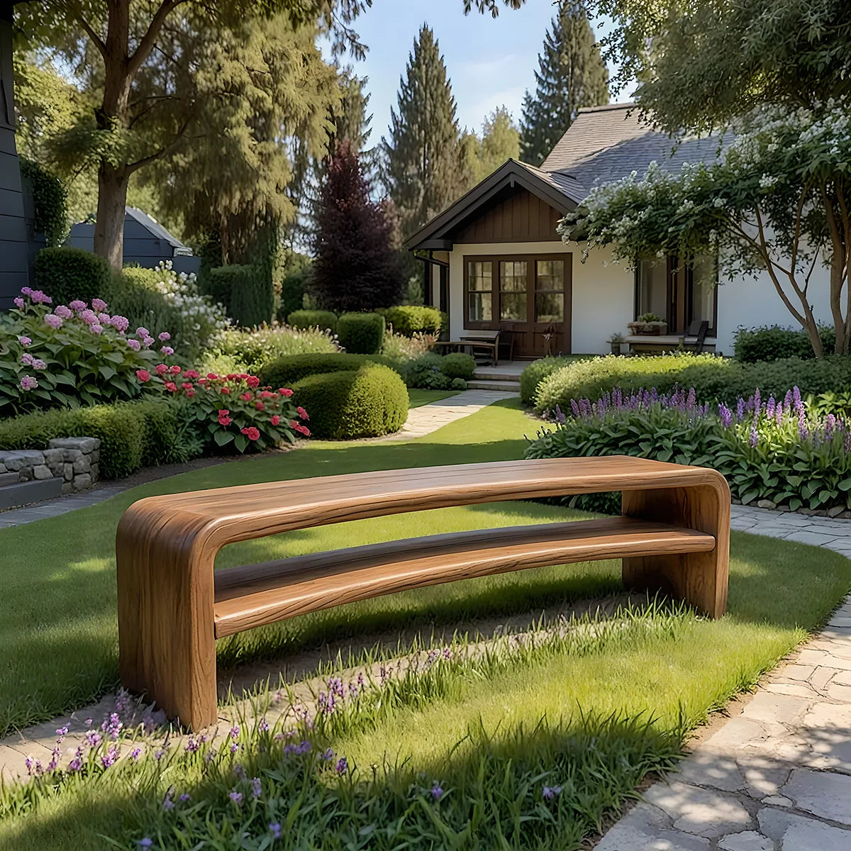 Handcrafted Solid Wood Outdoor Bench Waterfall Curve Open Shelf Garden Bench