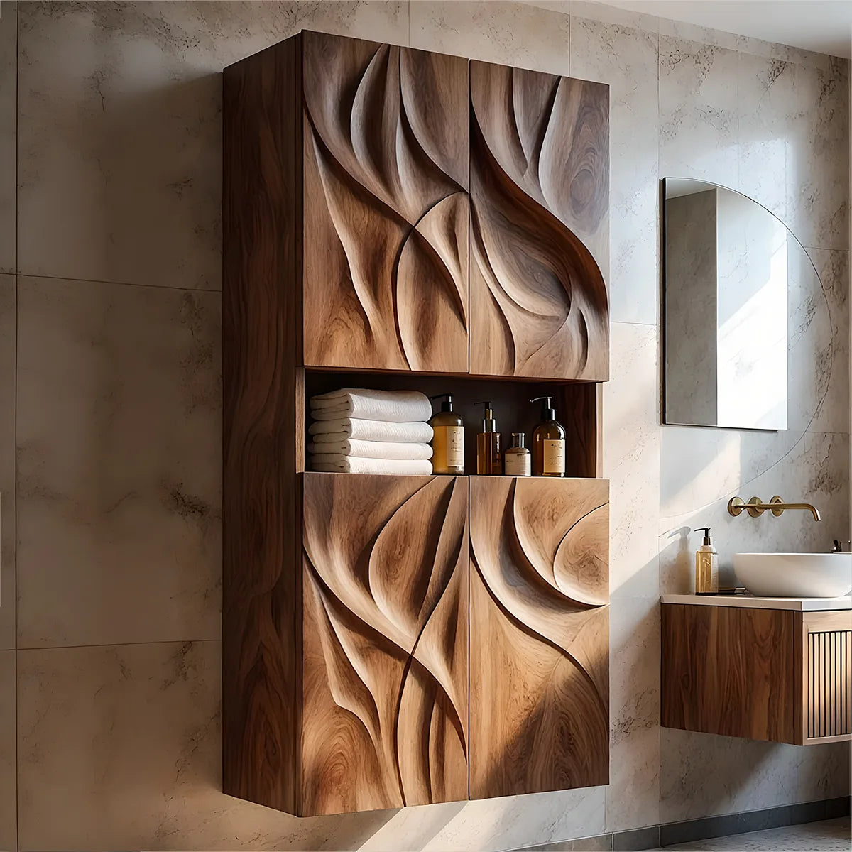 Handcrafted Solid Wood Wall Storage Cabinet Sculpted Bathroom Cabinet