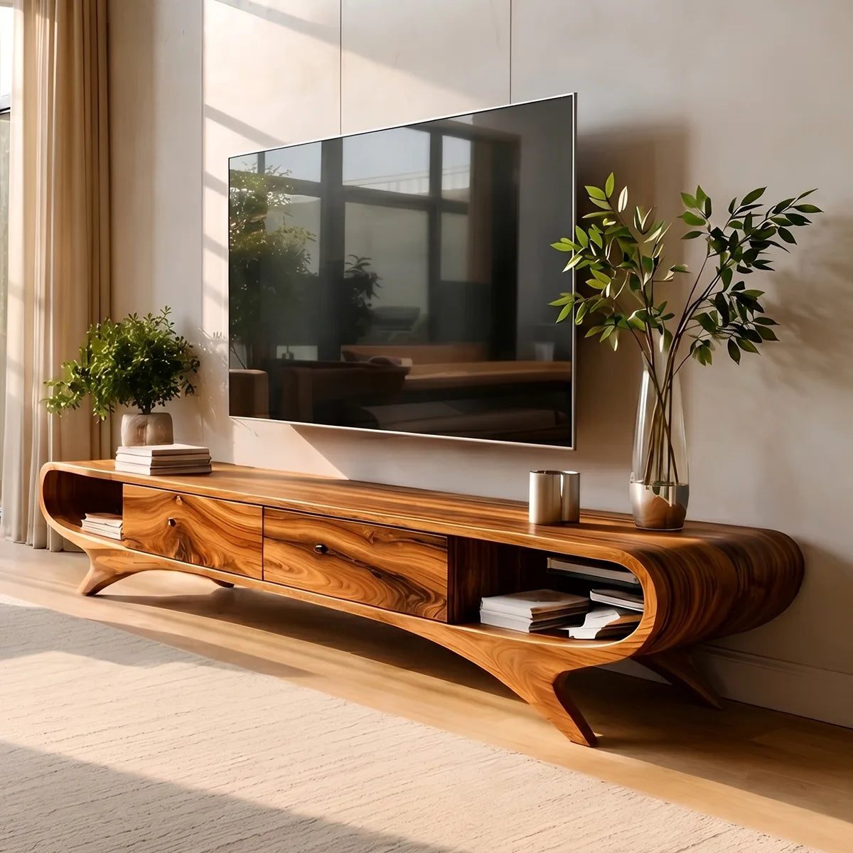 Modern Solid Wood Sculptural Curved TV Stand