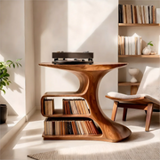 Solid Wood Record Player Stand, Modern Sculptural Vinyl Storage Console Table