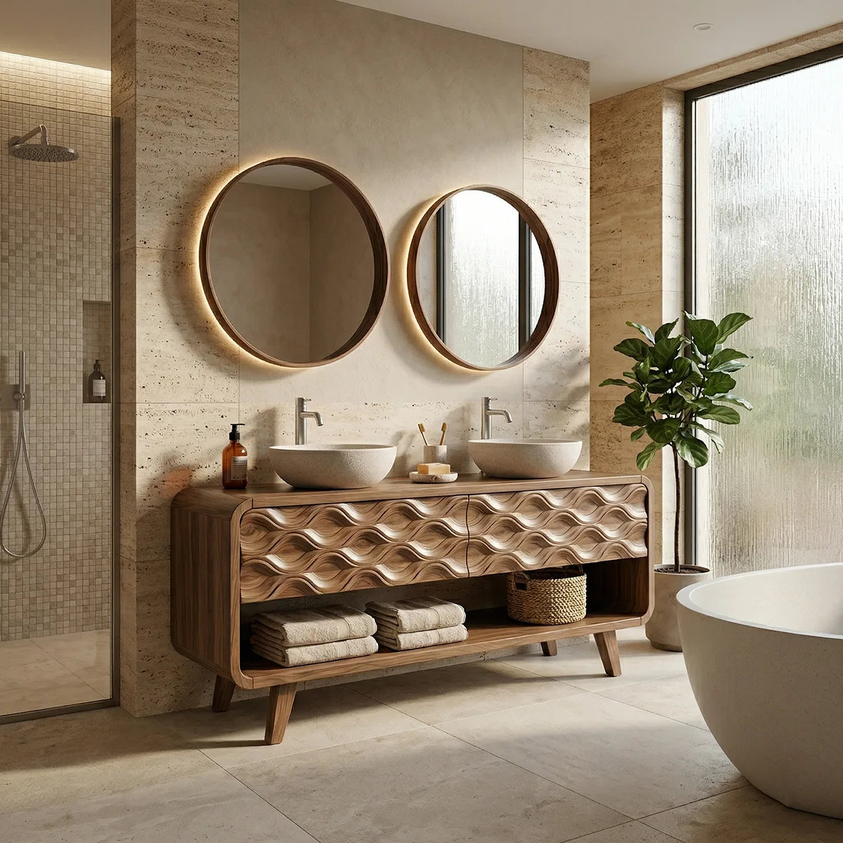 Solid Wood Bathroom Vanity with Carved Wave Front and Open Shelf