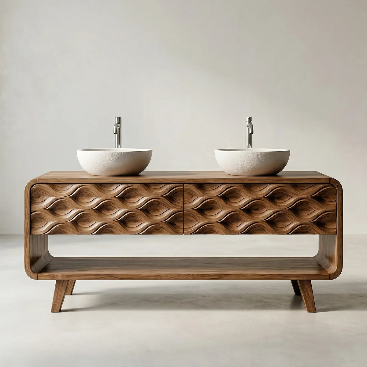 Solid Wood Bathroom Vanity with Carved Wave Front and Open Shelf