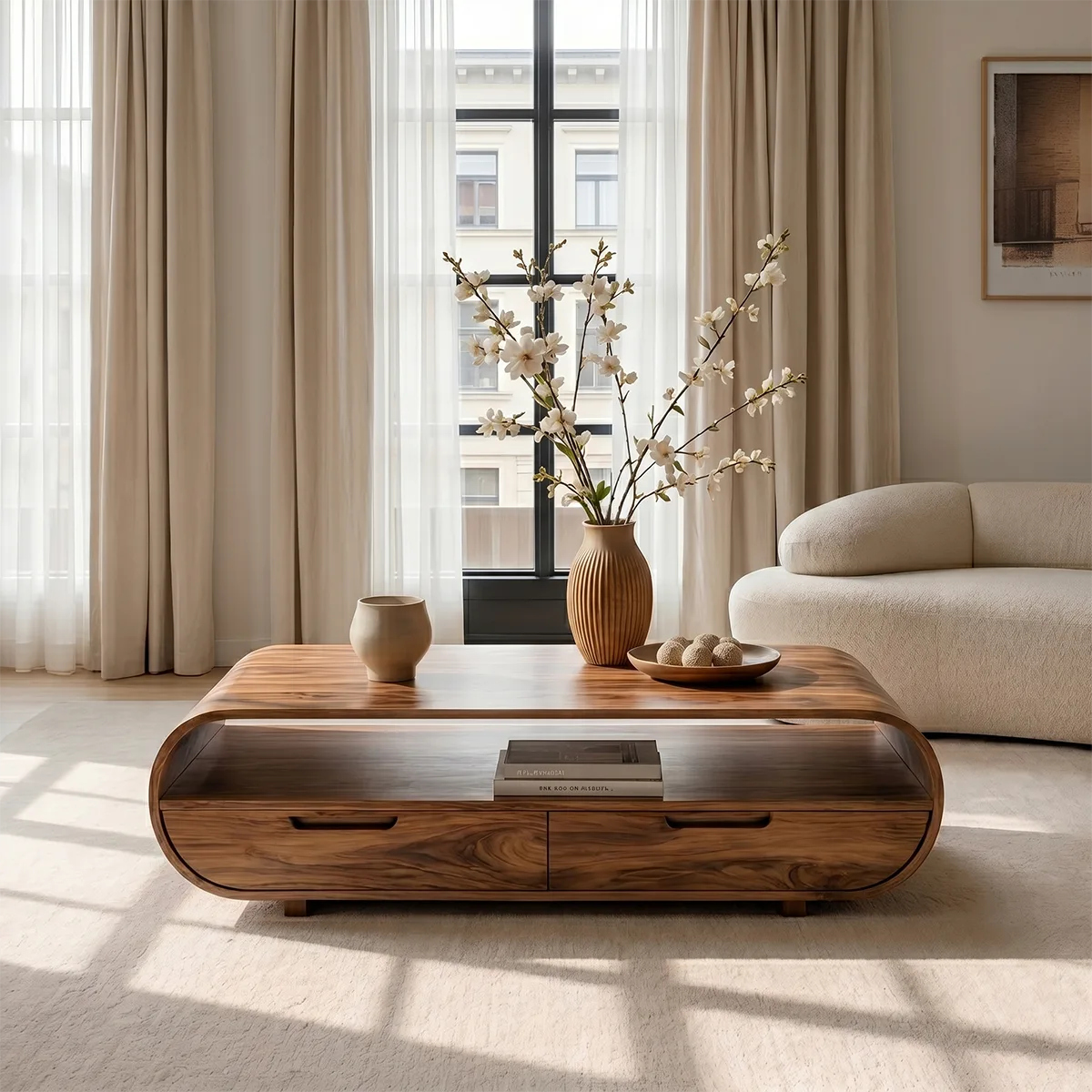 Handcrafted Solid Wood Curved Coffee Table with Drawers and Open Shelf