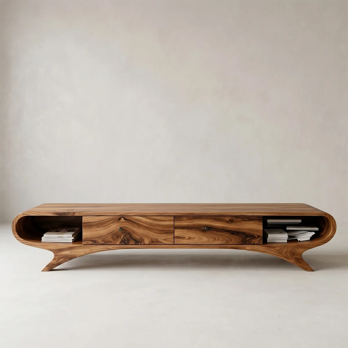 Modern Solid Wood Sculptural Curved TV Stand