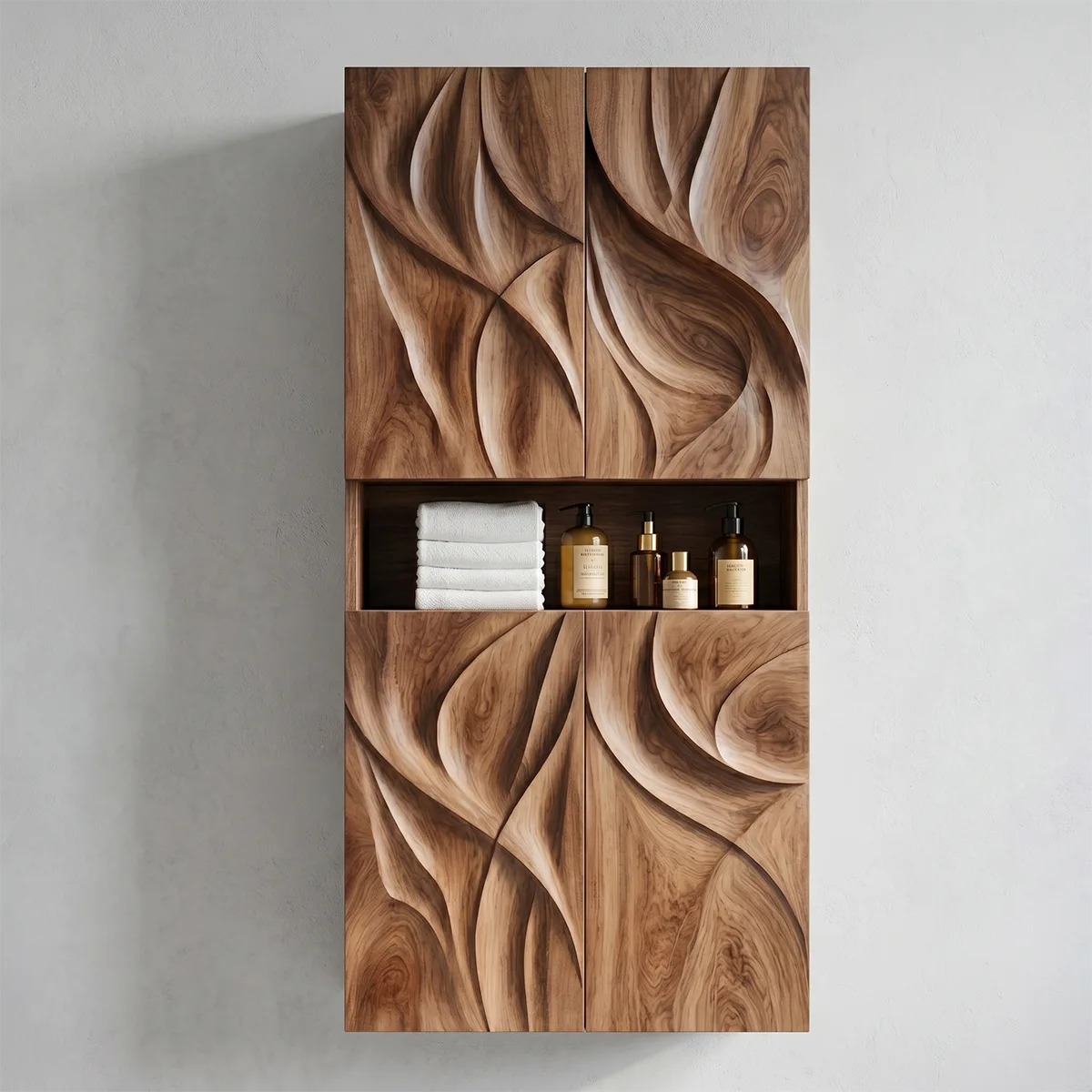 Handcrafted Solid Wood Wall Storage Cabinet Sculpted Bathroom Cabinet