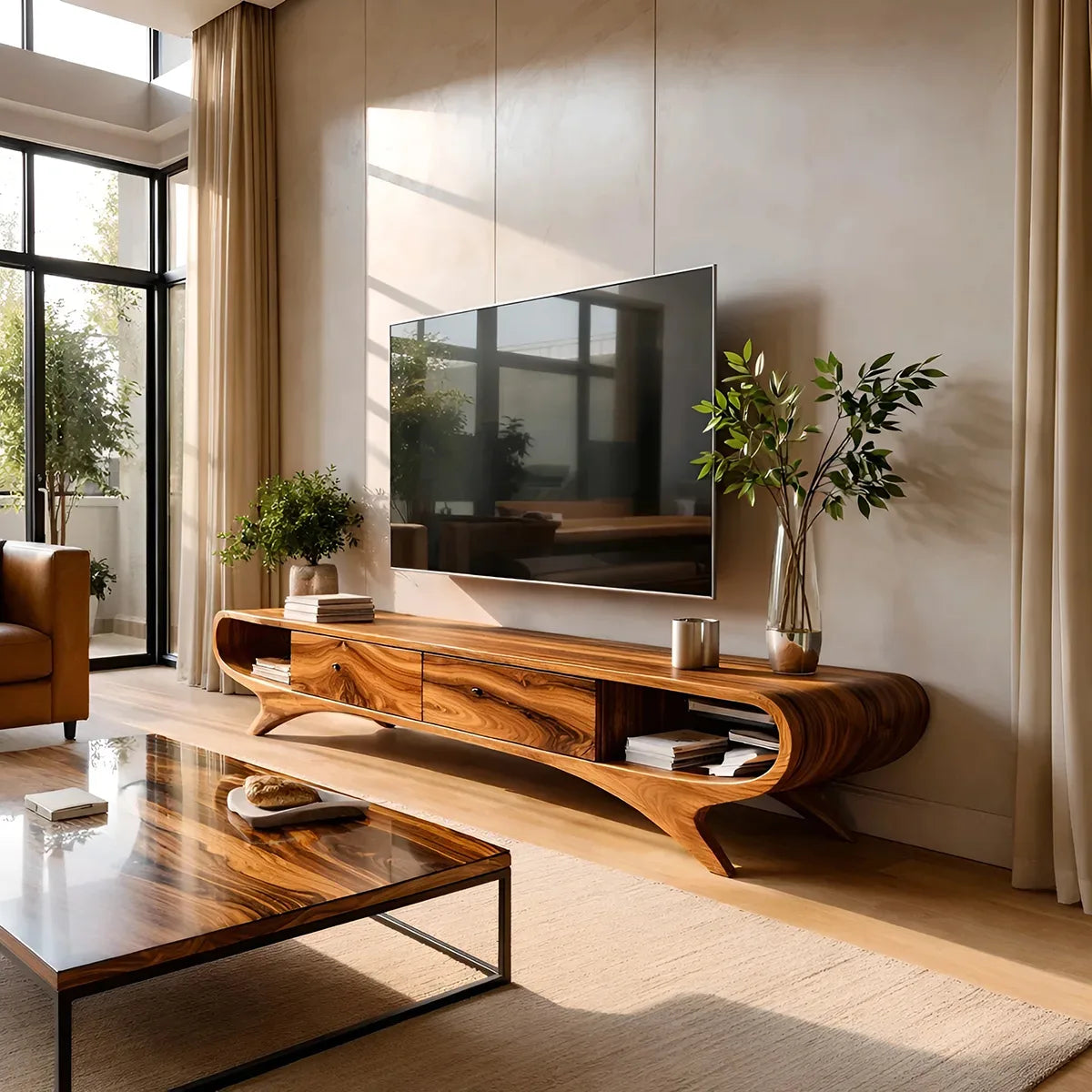 Modern Solid Wood Sculptural Curved TV Stand