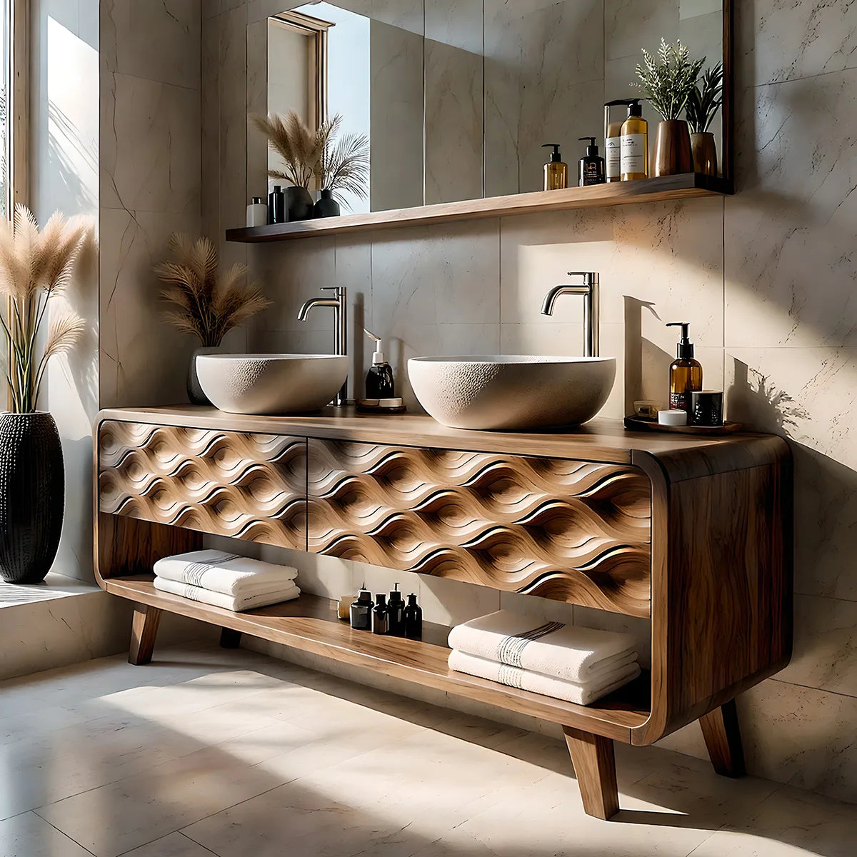 Solid Wood Bathroom Vanity with Carved Wave Front and Open Shelf