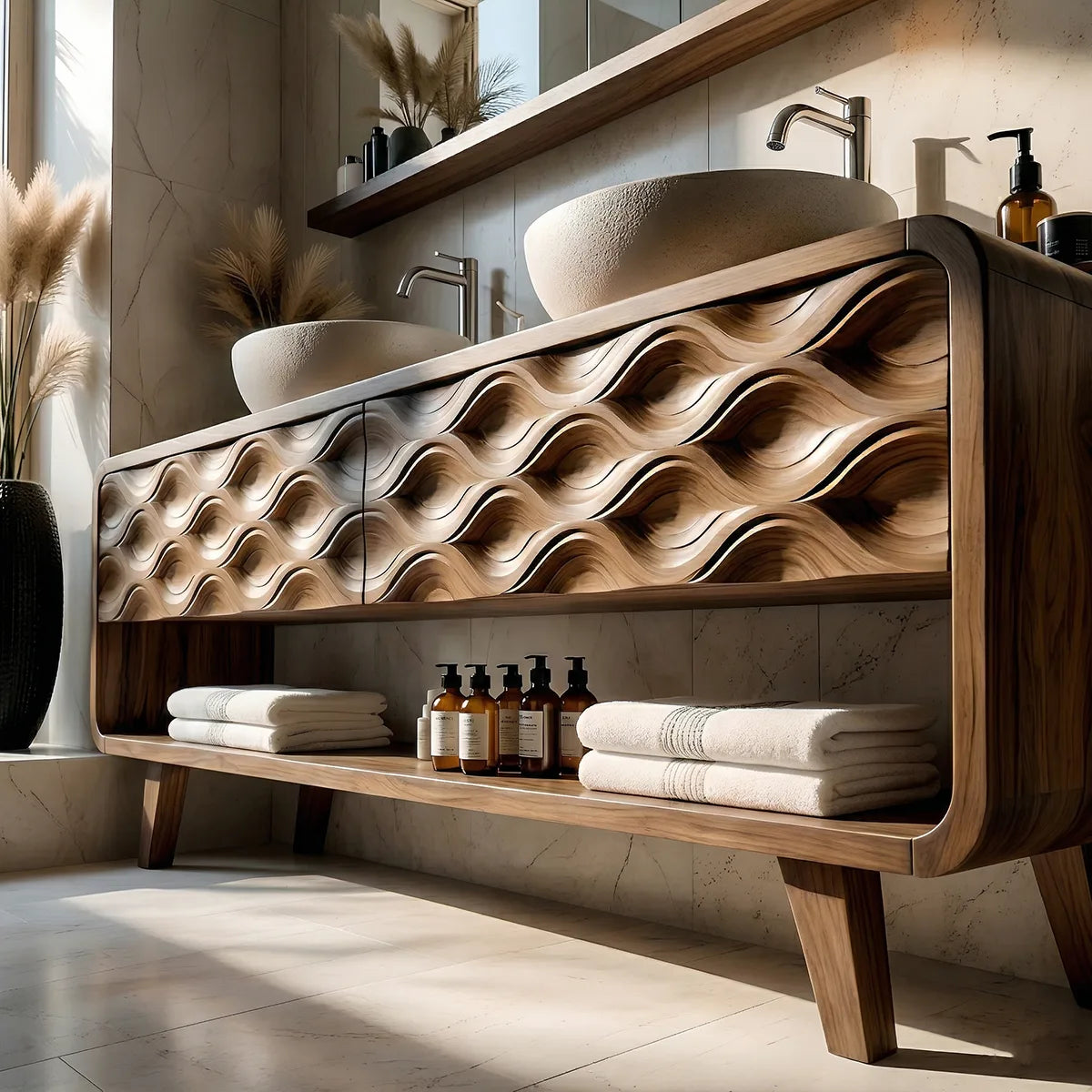 Solid Wood Bathroom Vanity with Carved Wave Front and Open Shelf