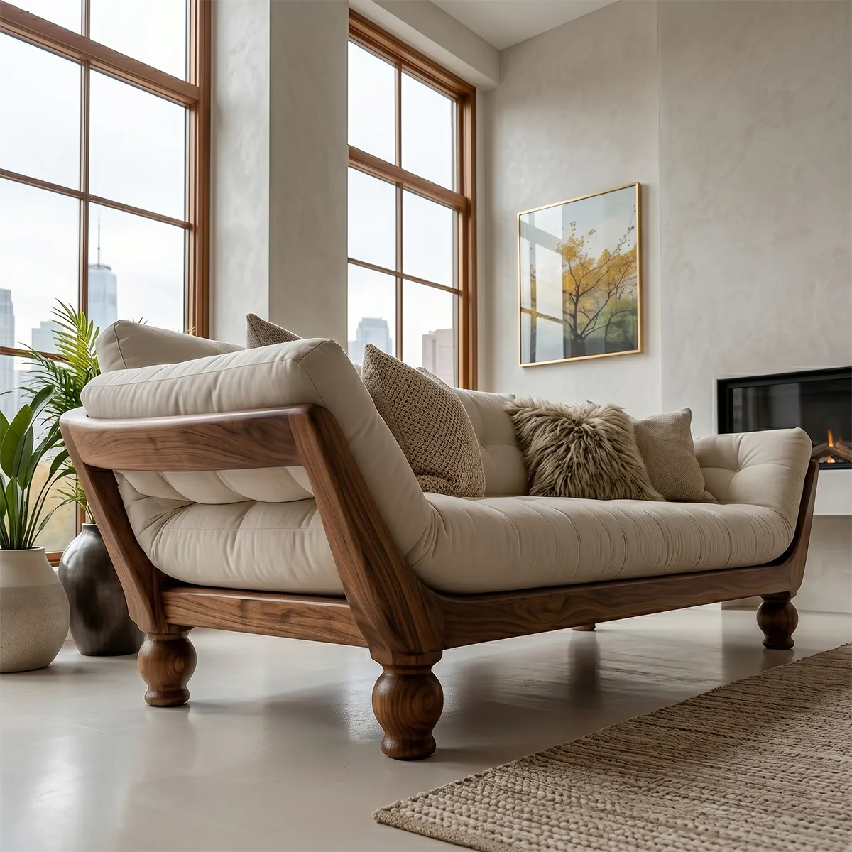 Luxury Organic Modern Wooden Sofa with Deep Tufted Cushion Design