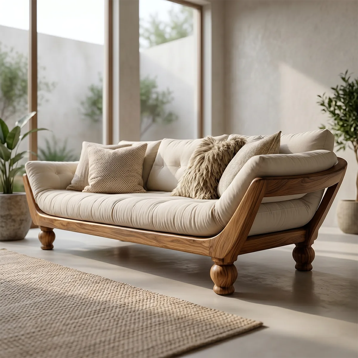Luxury Organic Modern Wooden Sofa with Deep Tufted Cushion Design