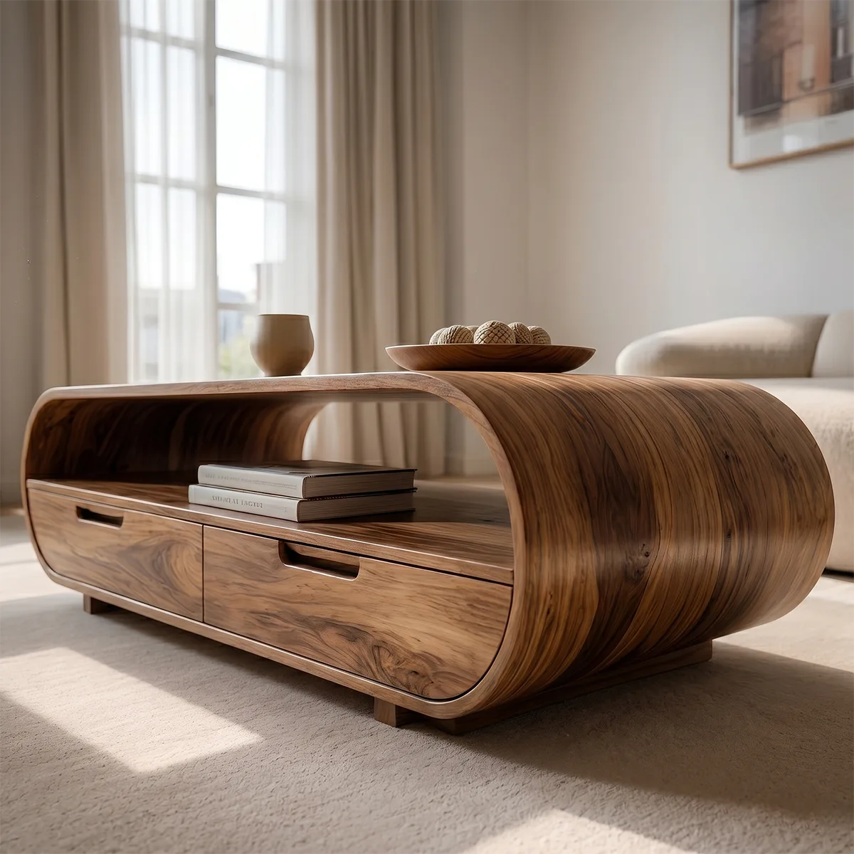 Handcrafted Solid Wood Curved Coffee Table with Drawers and Open Shelf