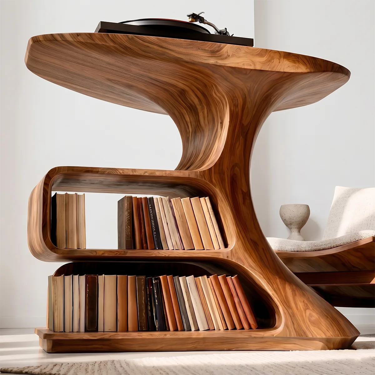 Solid Wood Record Player Stand, Modern Sculptural Vinyl Storage Console Table