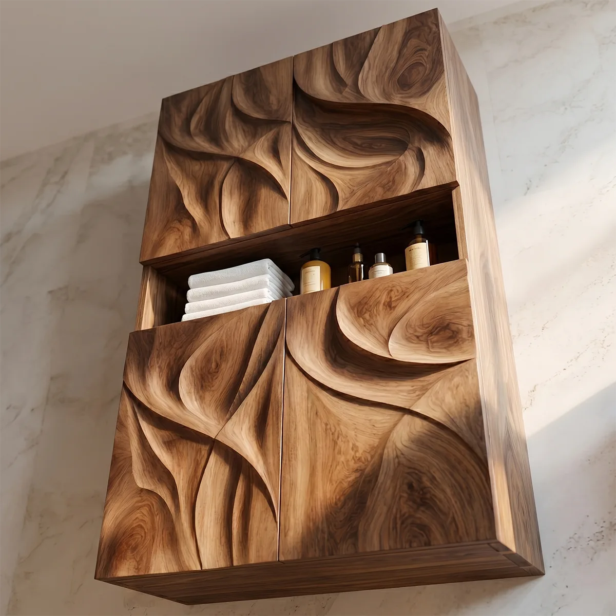 Handcrafted Solid Wood Wall Storage Cabinet Sculpted Bathroom Cabinet