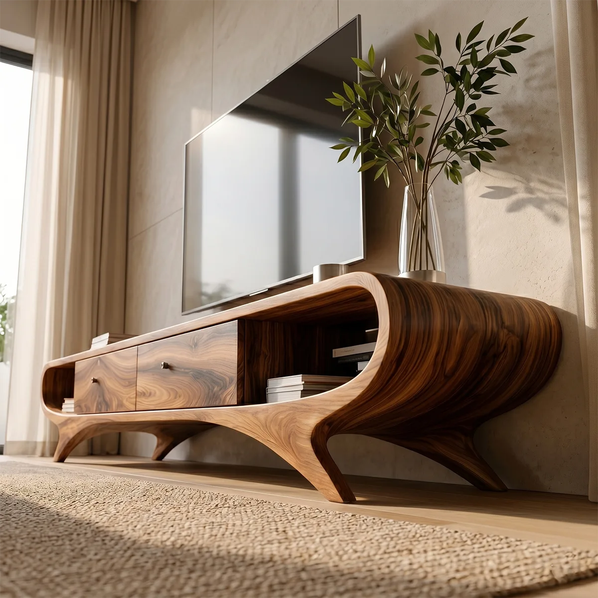 Modern Solid Wood Sculptural Curved TV Stand