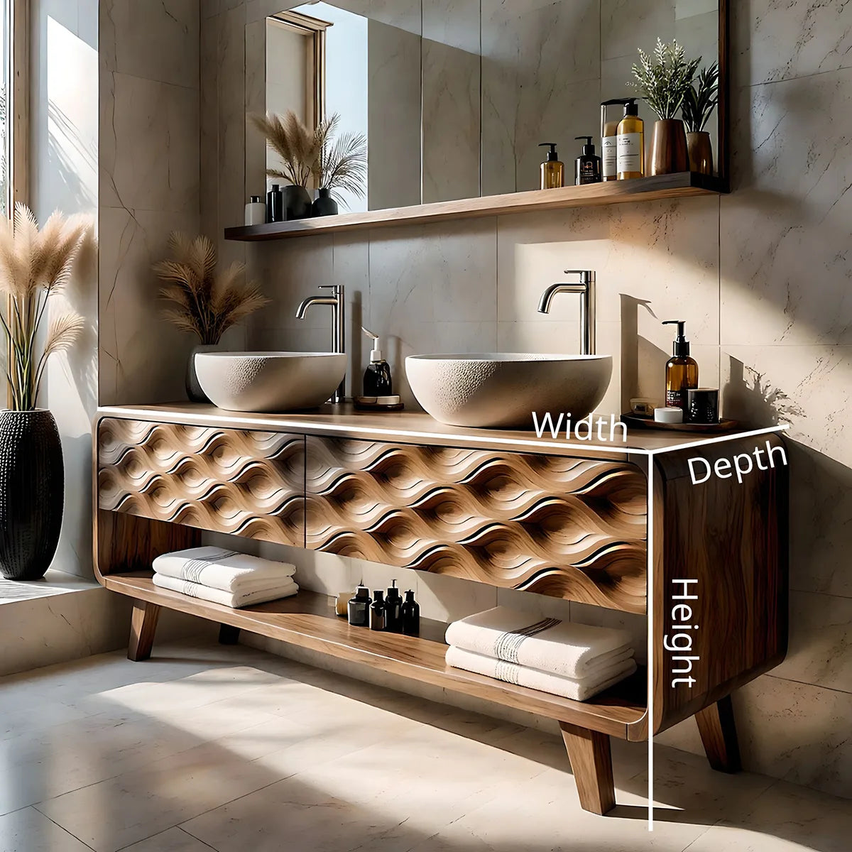 Solid Wood Bathroom Vanity with Carved Wave Front and Open Shelf