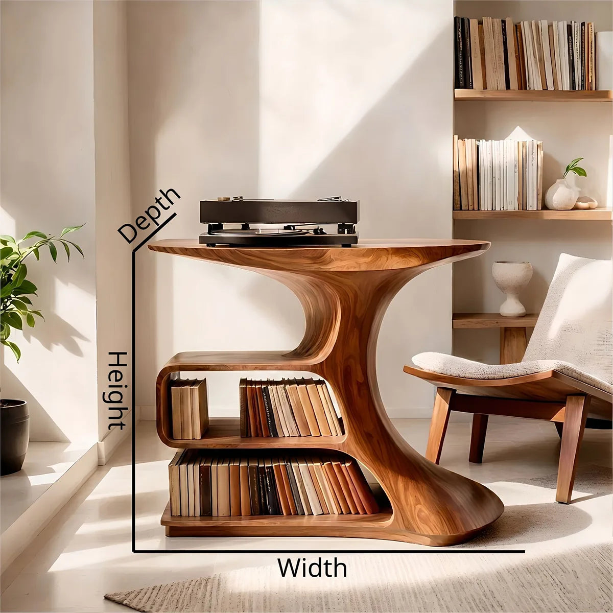 Solid Wood Record Player Stand, Modern Sculptural Vinyl Storage Console Table