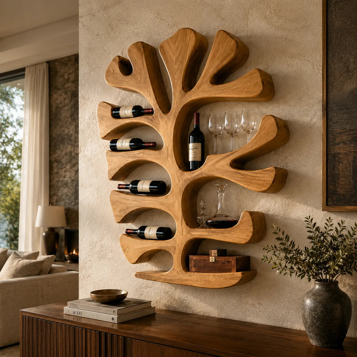 Sculptural Solid Wood Tree Wine Holder for Home Bars, Kitchen & Dining Rooms TT006-9699