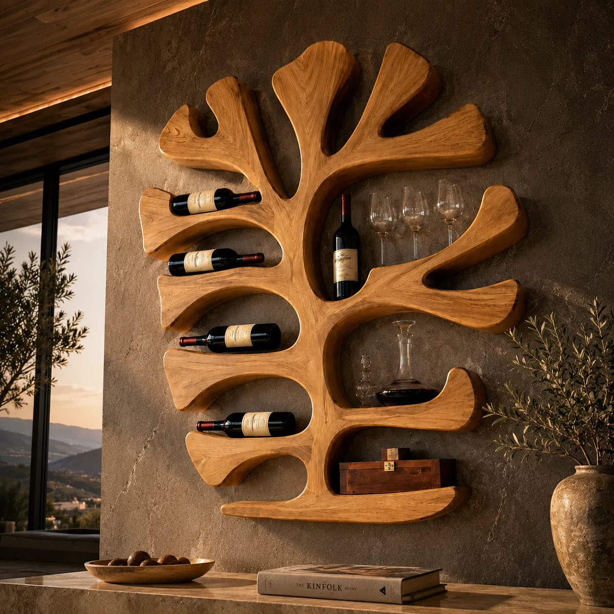 Sculptural Solid Wood Tree Wine Holder for Home Bars, Kitchen & Dining Rooms TT006-9699