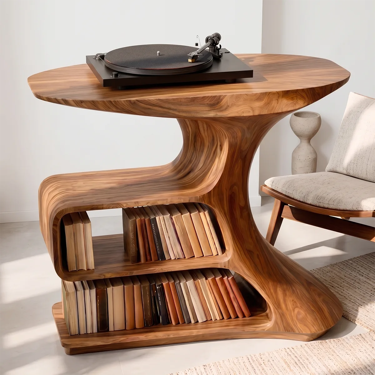 Solid Wood Record Player Stand, Modern Sculptural Vinyl Storage Console Table