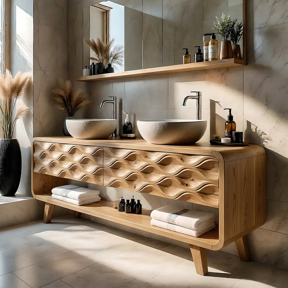 Solid Wood Bathroom Vanity with Carved Wave Front and Open Shelf