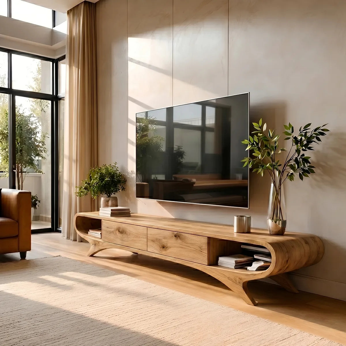 Modern Solid Wood Sculptural Curved TV Stand