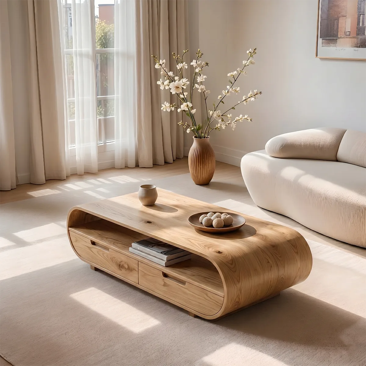Handcrafted Solid Wood Curved Coffee Table with Drawers and Open Shelf