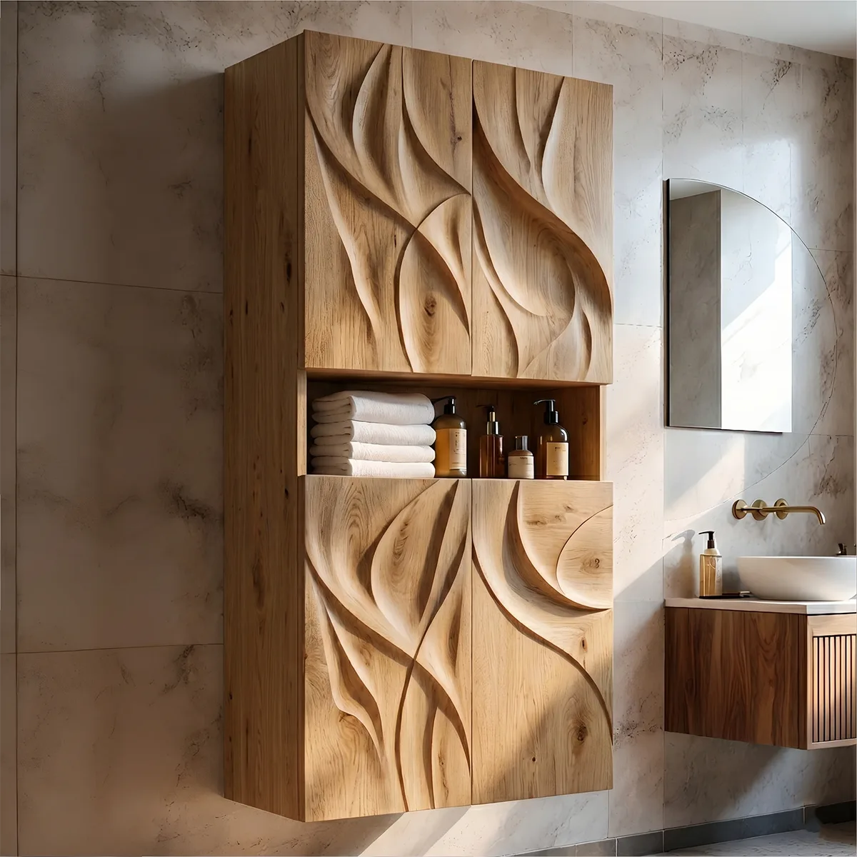 Handcrafted Solid Wood Wall Storage Cabinet Sculpted Bathroom Cabinet