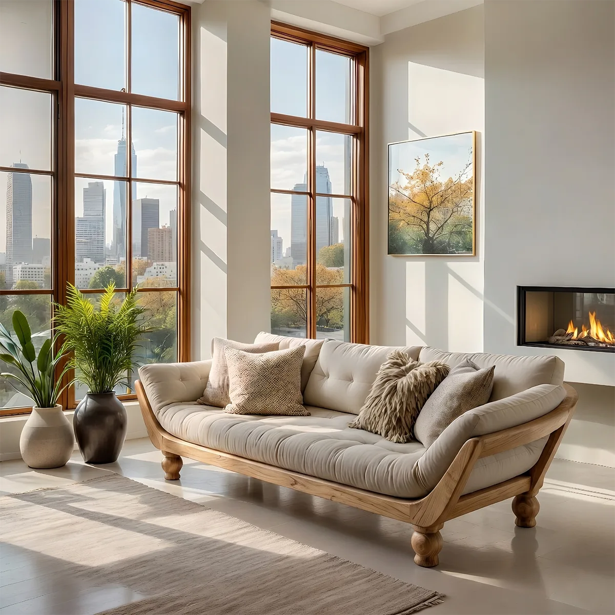 Luxury Organic Modern Wooden Sofa with Deep Tufted Cushion Design