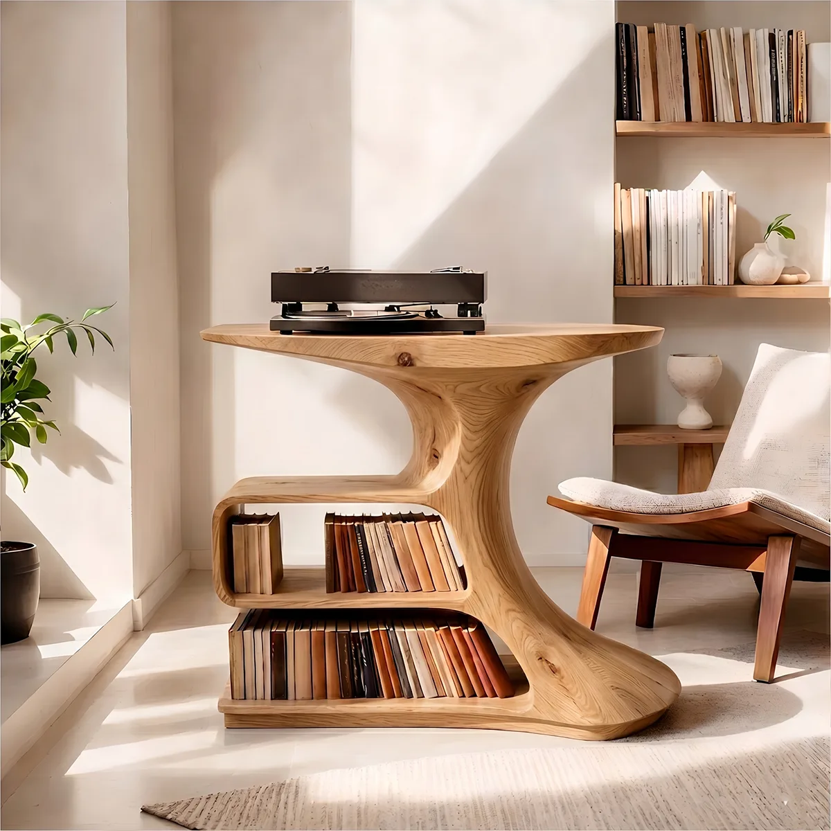 Solid Wood Record Player Stand, Modern Sculptural Vinyl Storage Console Table