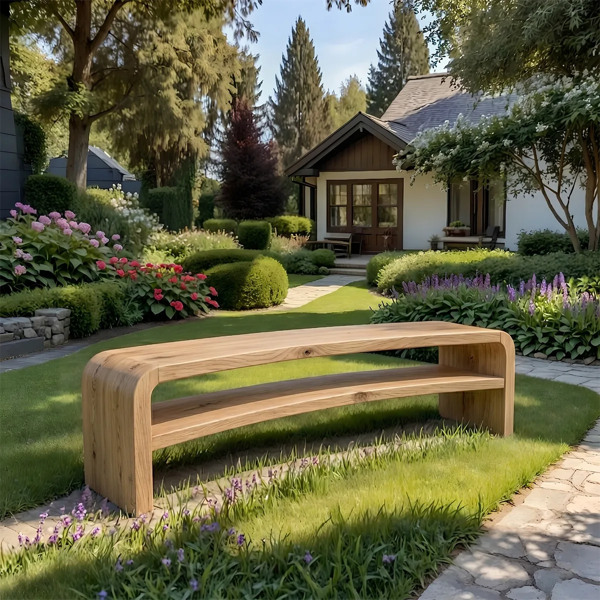 Handcrafted Solid Wood Outdoor Bench Waterfall Curve Open Shelf Garden Bench