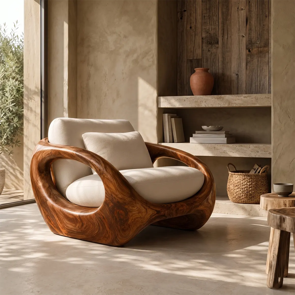 Organic Modern Solid Wood Lounge Chair | Sculptural Wooden Armchair TT006-5668