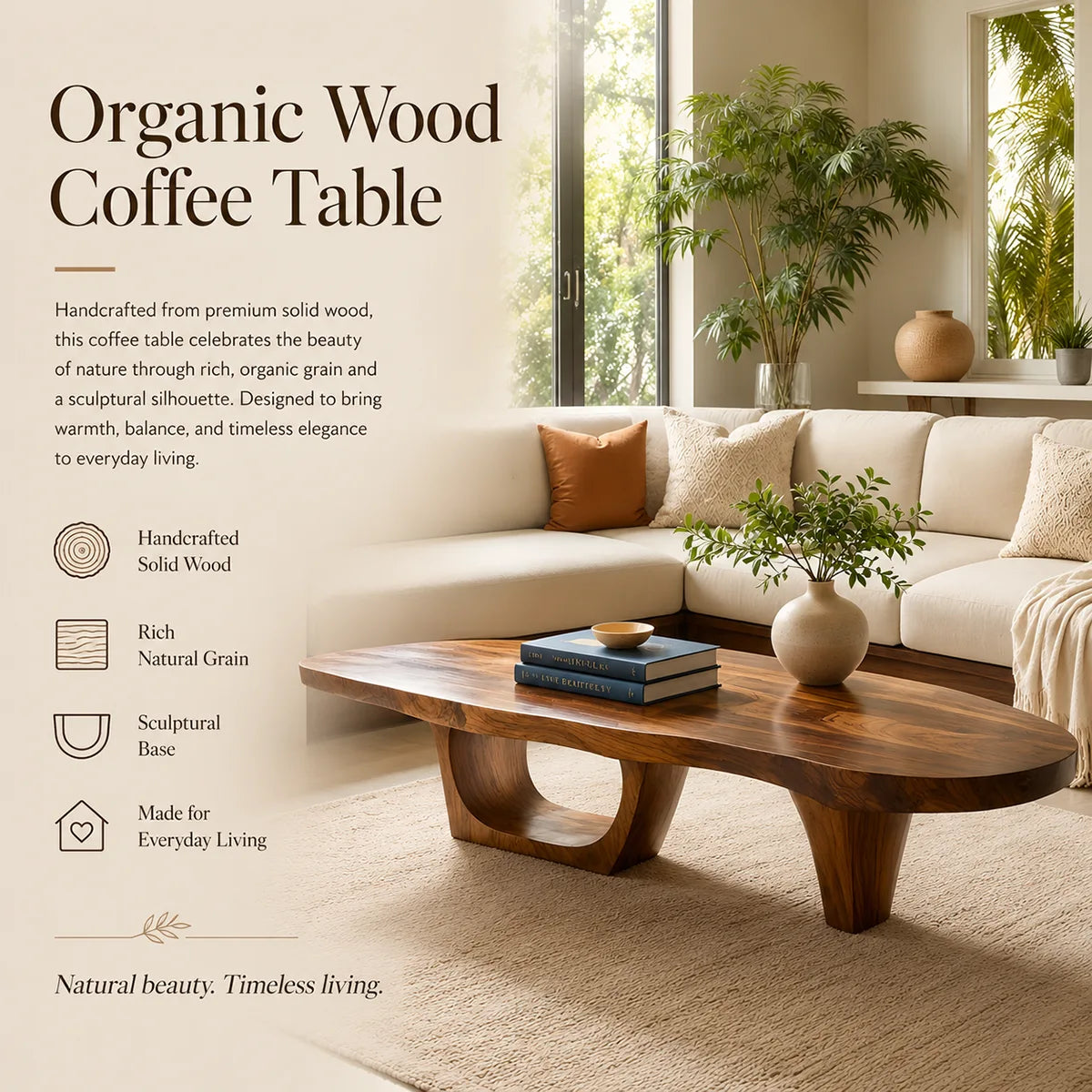 Organic Solid Wood Coffee Table | Freeform Coffee Table for Modern Living Room TT006-2637