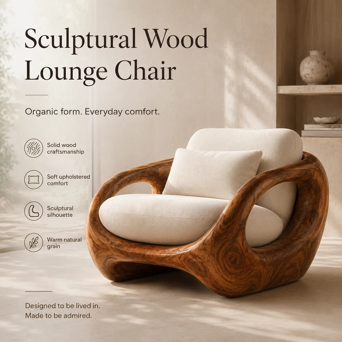 Organic Modern Solid Wood Lounge Chair | Sculptural Wooden Armchair TT006-5668