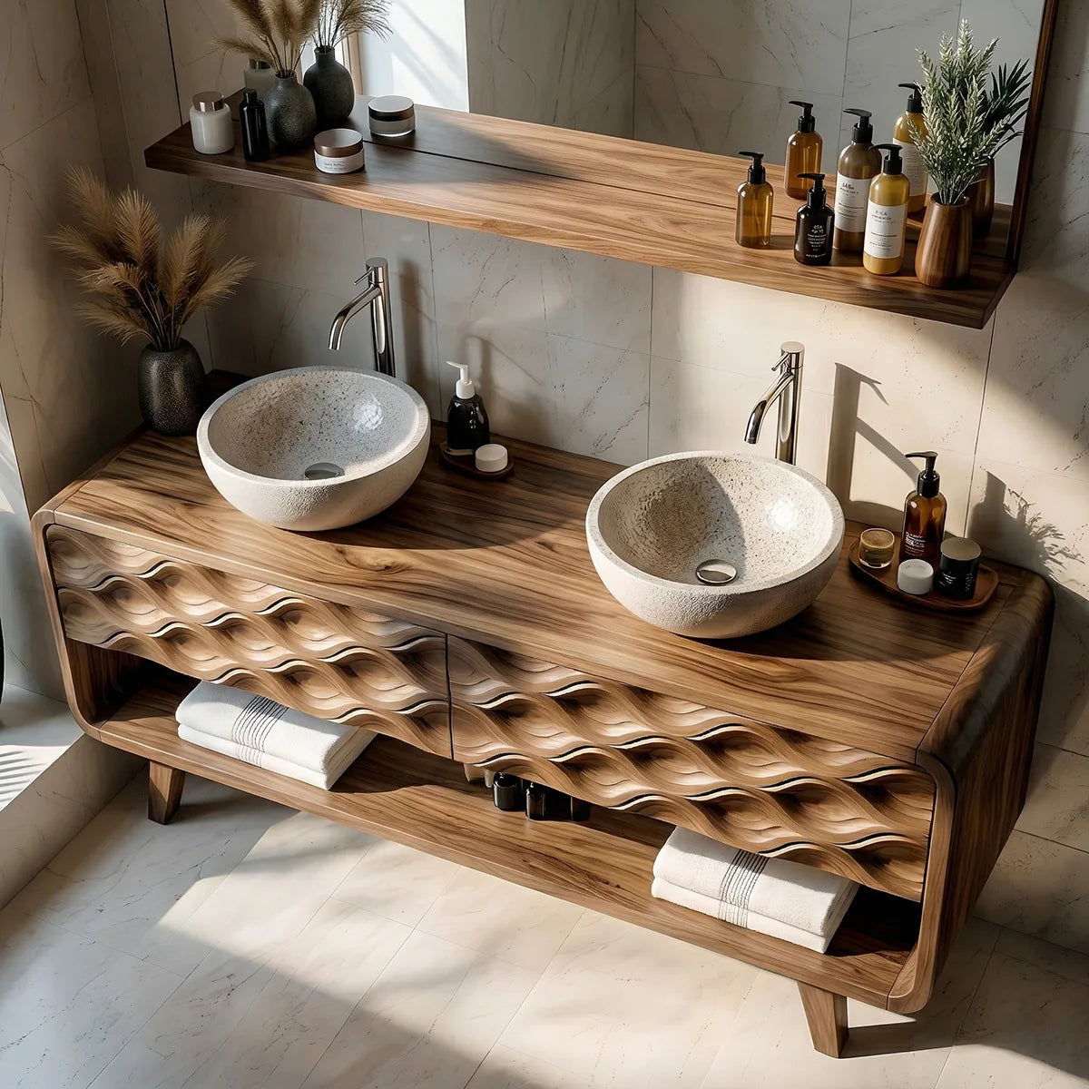 Solid Wood Bathroom Vanity with Carved Wave Front and Open Shelf