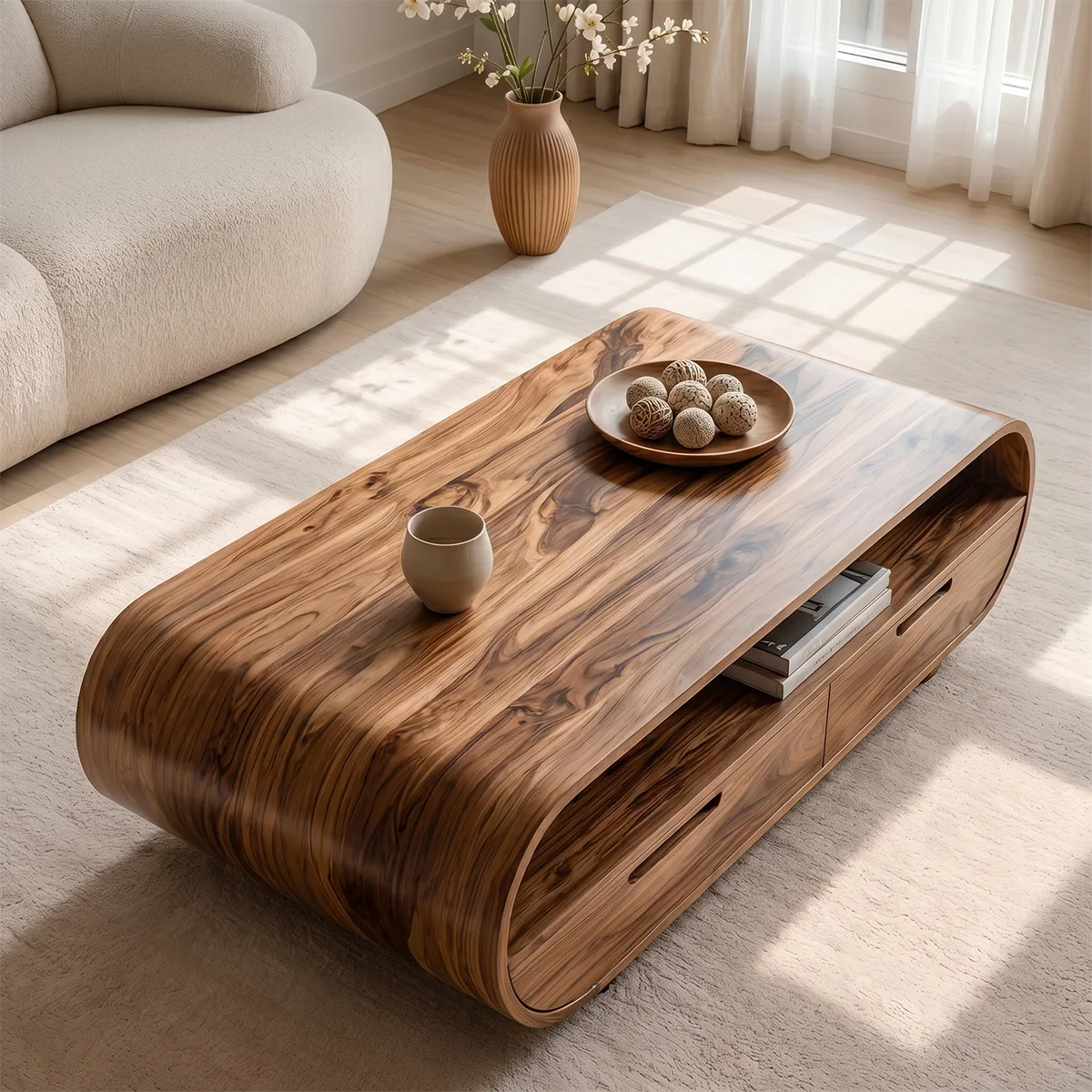 Handcrafted Solid Wood Curved Coffee Table with Drawers and Open Shelf