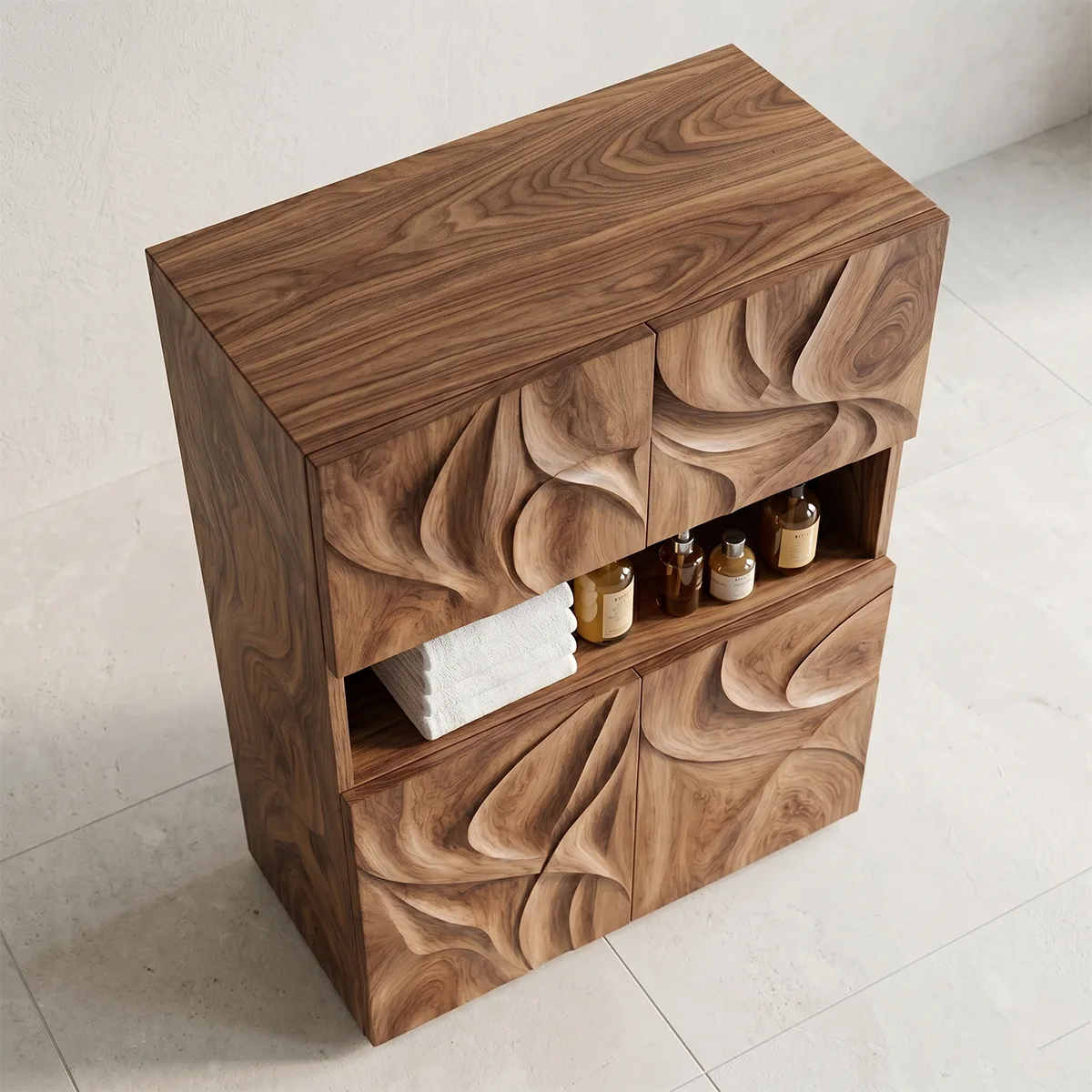 Handcrafted Solid Wood Wall Storage Cabinet Sculpted Bathroom Cabinet